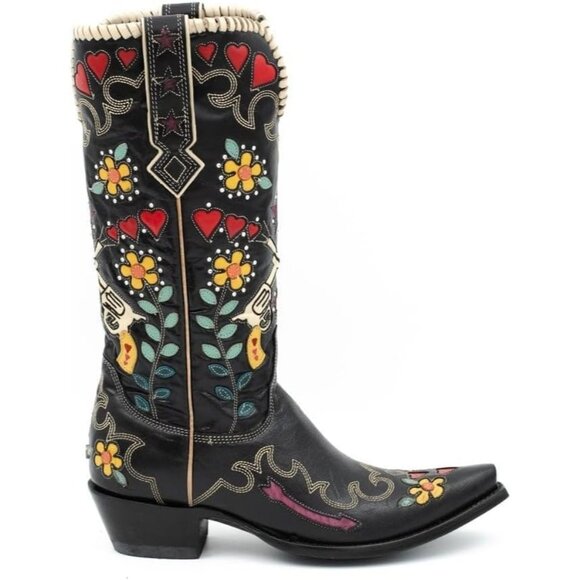 Women's Black Bluebonnet Floral Embroidered Fashion Country Boots Pointed Toe - Picture 2 of 6